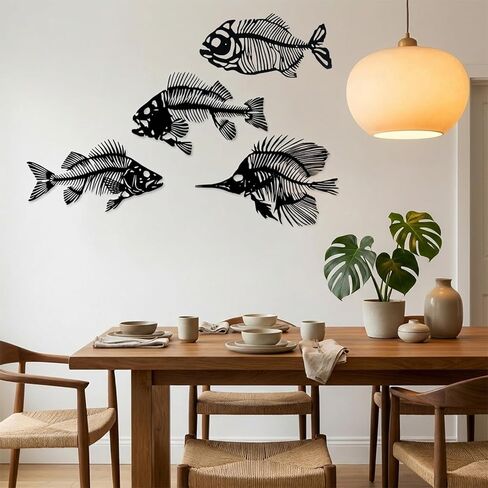 CONEHOY 4 Pcs Metal Wall Art Fish Sculpture Nautical Style Art Decor Black Hanging Metal Fish Bone Rustic Wall Decor for Home Living Room Bedroom Bathroom Office Window Indoor Outdoor in Kuwait