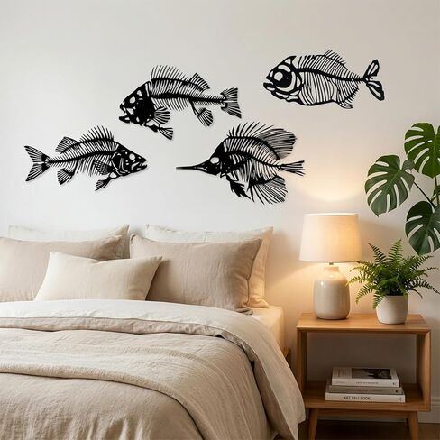 CONEHOY 4 Pcs Metal Wall Art Fish Sculpture Nautical Style Art Decor Black Hanging Metal Fish Bone Rustic Wall Decor for Home Living Room Bedroom Bathroom Office Window Indoor Outdoor in Kuwait