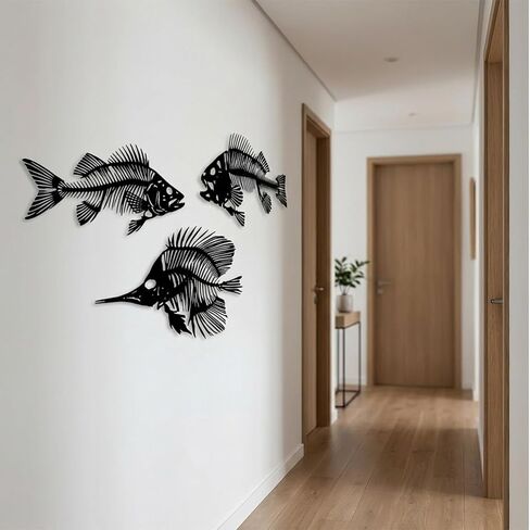 CONEHOY 4 Pcs Metal Wall Art Fish Sculpture Nautical Style Art Decor Black Hanging Metal Fish Bone Rustic Wall Decor for Home Living Room Bedroom Bathroom Office Window Indoor Outdoor in Kuwait