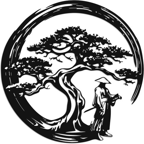 ديكور JEWLOVE Samurai - ديكور المنزل الياباني مع تصميم شجرة، ديكور حائط معدني لعيد الميلاد، عيد الشكر، فن جداري ياباني مثالي لغرفة المعيشة، الحديقة، غرفة موضوع الرسوم المتحركة، 12.2 × 12.2 بوصة in Kuwait