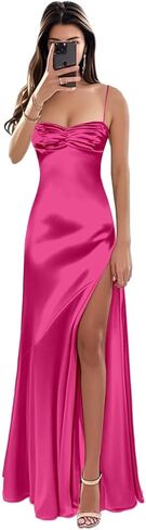 فساتين حفلة موسيقية بأشرطة سباغيتي من الساتان 2026 مع فتحة للنساء فستان سهرة رسمي بفيونكة مطوي in Kuwait