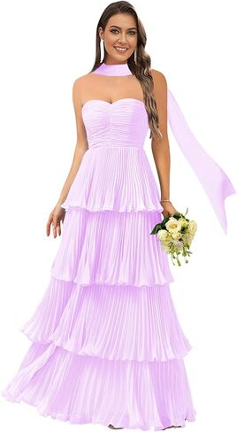 فساتين وصيفة العروس مكشكشة متدرجة بدون حمالات للنساء مع وشاح طويل مطوي من الشيفون فساتين حفلات السهرة الرسمية in Kuwait