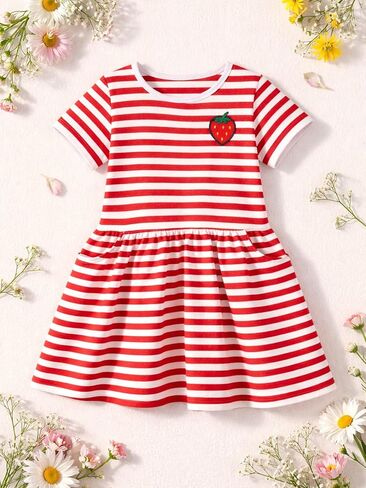 Girls' Striped Cotton Dress Short Sleeve Casual with Pockets and Strawberry Applique for Toddler & Little Girls 2-8Y in Saudi Arabia