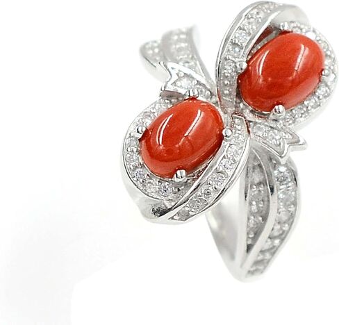 May Birthstone Natural 7X5 MM Coral Cabochon Gemstone Oval Shape 925 Sterling Silver Two Stone Solitaire Unisex Proposal Ring Love and Friendship Gift For Girlfriend Gift in Saudi Arabia