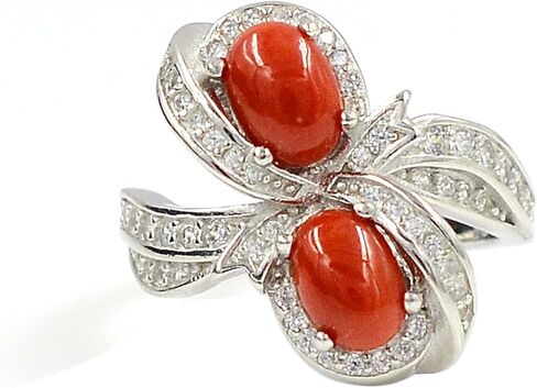 May Birthstone Natural 7X5 MM Coral Cabochon Gemstone Oval Shape 925 Sterling Silver Two Stone Solitaire Unisex Proposal Ring Love and Friendship Gift For Girlfriend Gift in Saudi Arabia