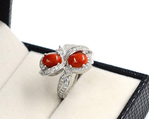 May Birthstone Natural 7X5 MM Coral Cabochon Gemstone Oval Shape 925 Sterling Silver Two Stone Solitaire Unisex Proposal Ring Love and Friendship Gift For Girlfriend Gift in Saudi Arabia