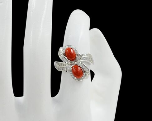 May Birthstone Natural 7X5 MM Coral Cabochon Gemstone Oval Shape 925 Sterling Silver Two Stone Solitaire Unisex Proposal Ring Love and Friendship Gift For Girlfriend Gift in Saudi Arabia