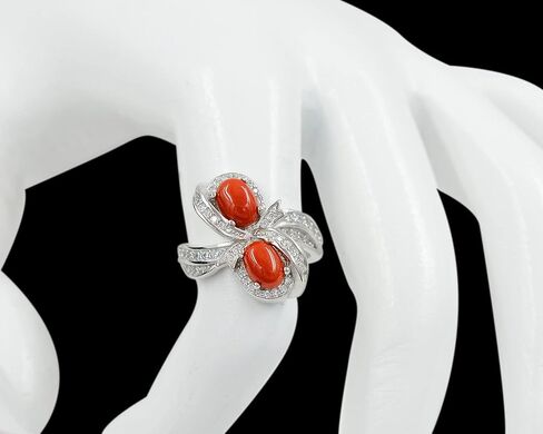 May Birthstone Natural 7X5 MM Coral Cabochon Gemstone Oval Shape 925 Sterling Silver Two Stone Solitaire Unisex Proposal Ring Love and Friendship Gift For Girlfriend Gift in Saudi Arabia