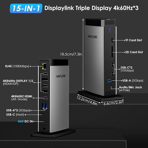 قاعدة توصيل WAVLINK USB C مع 3 HDMI، قاعدة كمبيوتر محمول 15 في 1 شاشة ثلاثية 4K+Dual 2K، شحن 100 واط لجهاز M1 M2 M3 Mac وWindows، 5 منافذ USB، 2DP، منفذ إيثرنت 1 جيجابت في الثانية، صوت/ميكروفون، SD/TF in Kuwait