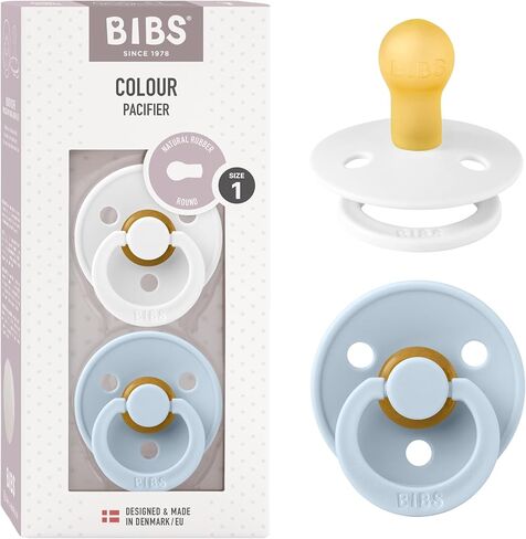 BIBS Pacifiers Colour Collection | Natural Rubber Baby Pacifier | Set of 2 BPA-Free Soothers | Made in Denmark | 0+ Months (Pack of 2) | Baby Blue/White in Kuwait