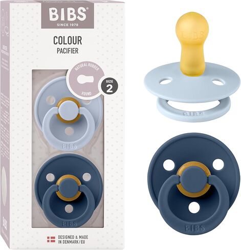 BIBS Pacifiers Colour Collection | Natural Rubber Baby Pacifier | Set of 2 BPA-Free Soothers | Made in Denmark | 0+ Months (Pack of 2) | Baby Blue/White in Saudi Arabia