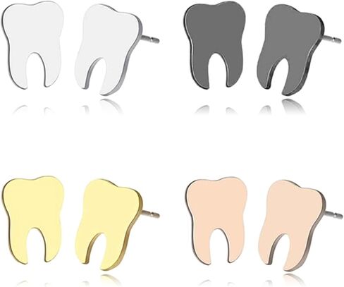 4 Pair Tooth Stud Earrings Set for Women Creative Cute Stainless Steel Earrings Gold/Silver/Black Dental High Polished Earring Unique Jewelry Gifts clotiing in Saudi Arabia