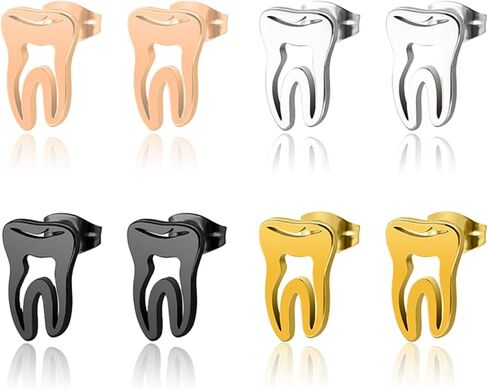 4 Pair Tooth Stud Earrings Set for Women Creative Cute Stainless Steel Earrings Gold/Silver/Black Dental High Polished Earring Unique Jewelry Gifts clotiing in Saudi Arabia