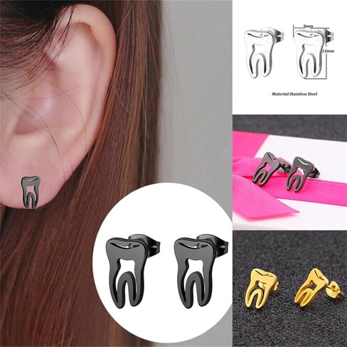 4 Pair Tooth Stud Earrings Set for Women Creative Cute Stainless Steel Earrings Gold/Silver/Black Dental High Polished Earring Unique Jewelry Gifts clotiing in Saudi Arabia