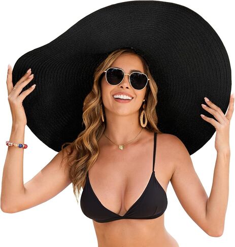قبعة الشاطئ كبيرة الحجم للنساء قبعة الشمس ذات حافة واسعة من القش بعامل حماية من الأشعة فوق البنفسجية 50+ حماية من الأشعة فوق البنفسجية قابلة للطي وقابلة للطي والسفر لقضاء العطلات في الهواء الطلق in Kuwait