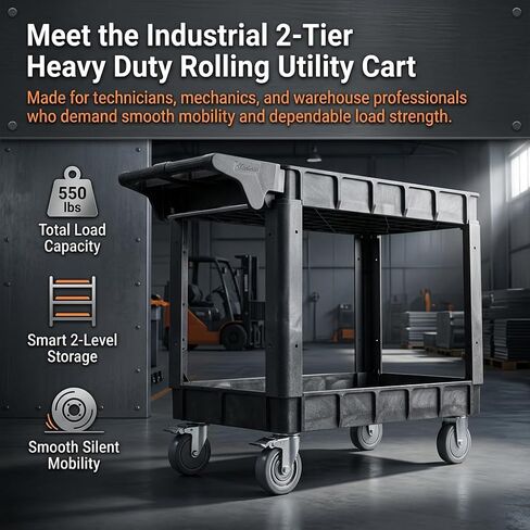 Finnhomy Commercial Grade 2‑Tier Heavy Duty Utility Service Cart 550 lbs Capacity 40.5" x 17.1" x 34.1" Rolling Cart with 5" Swivel Casters and Polypropylene Shelves, Dark Gray in Saudi Arabia