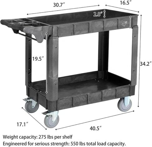 Finnhomy Commercial Grade 2‑Tier Heavy Duty Utility Service Cart 550 lbs Capacity 40.5" x 17.1" x 34.1" Rolling Cart with 5" Swivel Casters and Polypropylene Shelves, Dark Gray in Saudi Arabia
