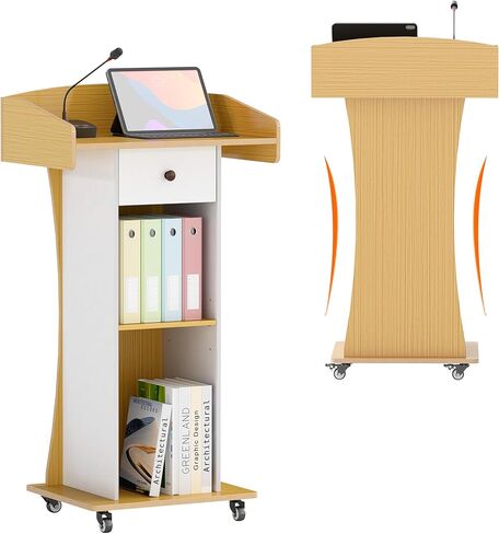 Mobile Wooden Podium Stand with Metal Wheels, Portable Pulpit with Drawer and Storage Cabinet, Built-in Cable Hole Lectern for Office Classroom Lecture Restaurant Church (Brown White) in Kuwait