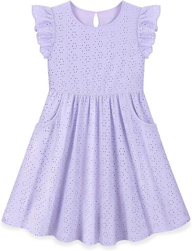 فساتين بناتي بأكمام مكشكشة للأطفال، فستان صيفي لطيف برقبة دائرية، فستان صيفي كاجوال للشاطئ للأطفال الصغار مع جيوب من 3 إلى 8 سنوات in Kuwait