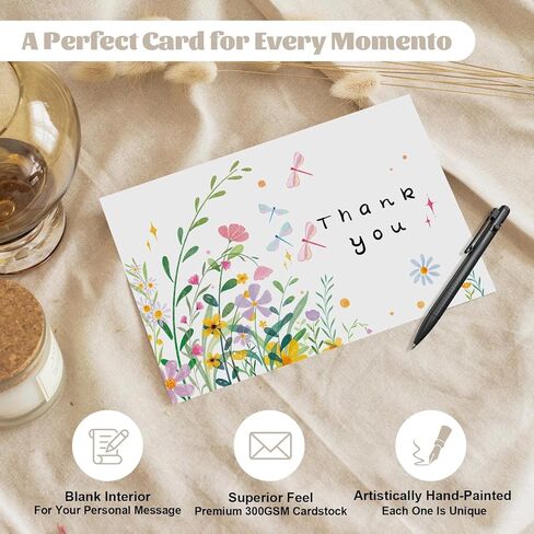 32 Floral Thank You Cards with Envelopes, 4x6 Inch Blank Cards with Vibrant Designs, Note Cards made from 300gsm Cardstock, Blank Notes for Graduation, Anniversaries, Baby Showers in Saudi Arabia