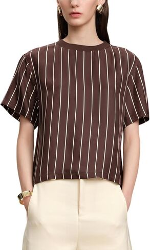 النساء 100% الحرير تي شيرت قصيرة الأكمام تي شيرت مخطط الصيف الأعمال عادية التوت الحرير بلايز Crewneck القمم in Kuwait