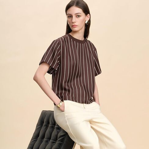 النساء 100% الحرير تي شيرت قصيرة الأكمام تي شيرت مخطط الصيف الأعمال عادية التوت الحرير بلايز Crewneck القمم in Kuwait