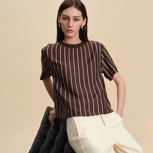 النساء 100% الحرير تي شيرت قصيرة الأكمام تي شيرت مخطط الصيف الأعمال عادية التوت الحرير بلايز Crewneck القمم in Kuwait
