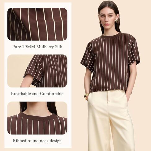 النساء 100% الحرير تي شيرت قصيرة الأكمام تي شيرت مخطط الصيف الأعمال عادية التوت الحرير بلايز Crewneck القمم in Kuwait