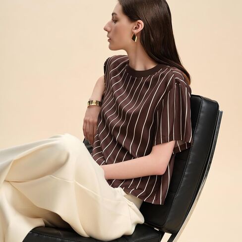 النساء 100% الحرير تي شيرت قصيرة الأكمام تي شيرت مخطط الصيف الأعمال عادية التوت الحرير بلايز Crewneck القمم in Kuwait