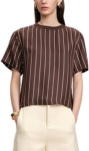 النساء 100% الحرير تي شيرت قصيرة الأكمام تي شيرت مخطط الصيف الأعمال عادية التوت الحرير بلايز Crewneck القمم in Kuwait
