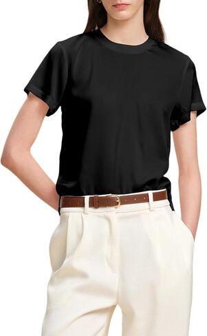Women 100% Silk Tee Shirts Short Sleeve Striped T-Shirt Summer Business Casual Mulberry Silk Tshirts Crewneck Tops in Saudi Arabia