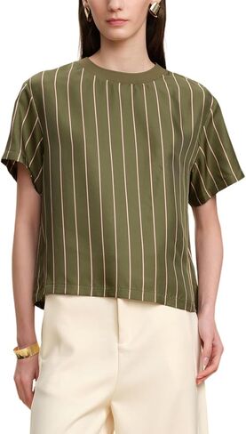 النساء 100% الحرير تي شيرت قصيرة الأكمام تي شيرت مخطط الصيف الأعمال عادية التوت الحرير بلايز Crewneck القمم in Kuwait