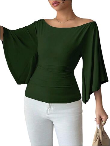 OYOANGLE Women's Bell Sleeve Tops Off The Shoulder T Shirts Slim Fitted Dressy Casual Blouses in Kuwait