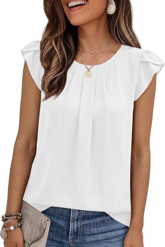 بلوزة نسائية غير رسمية برقبة دائرية من Jar of Love ذات ثنيات مكشكشة وأكمام قصيرة منحنية وفتحة خلفية متماسكة 2026 in Kuwait