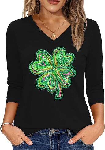 قميص عيد القديس باتريك للسيدات: تيشيرتات Lucky Shamrock بأكمام 3/4 كم تيشيرتات مرحة برسوم البرسيم الأيرلندي in Kuwait