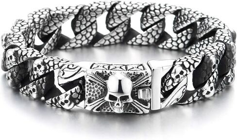 COOLSTEELANDBEYOND Men's Stainless Steel Skull Chain Bracelet, Heavy Industrial Cuban Link Bangle, Textured Scale Pattern Jewelry, Edgy Gothic Rocker Accessory, Gift for Him in Saudi Arabia