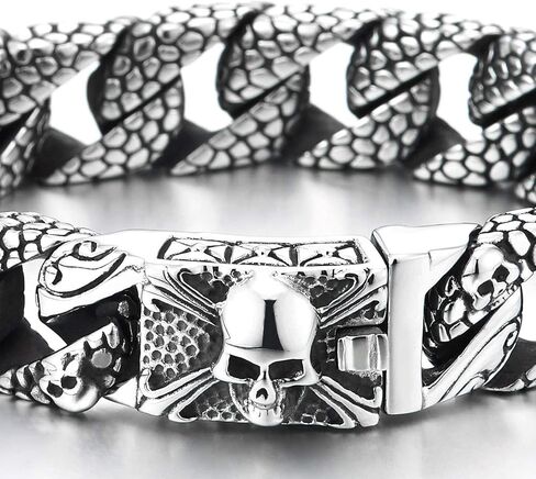 COOLSTEELANDBEYOND Men's Stainless Steel Skull Chain Bracelet, Heavy Industrial Cuban Link Bangle, Textured Scale Pattern Jewelry, Edgy Gothic Rocker Accessory, Gift for Him in Saudi Arabia