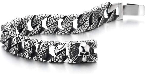 COOLSTEELANDBEYOND Men's Stainless Steel Skull Chain Bracelet, Heavy Industrial Cuban Link Bangle, Textured Scale Pattern Jewelry, Edgy Gothic Rocker Accessory, Gift for Him in Saudi Arabia