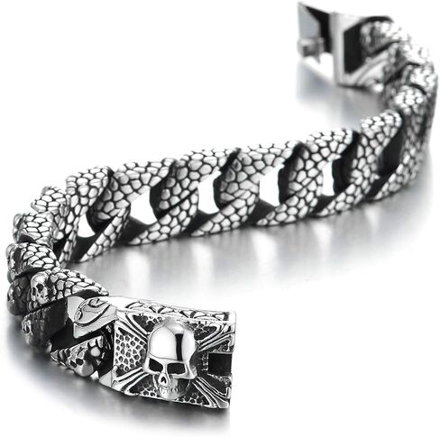 COOLSTEELANDBEYOND Men's Stainless Steel Skull Chain Bracelet, Heavy Industrial Cuban Link Bangle, Textured Scale Pattern Jewelry, Edgy Gothic Rocker Accessory, Gift for Him in Saudi Arabia