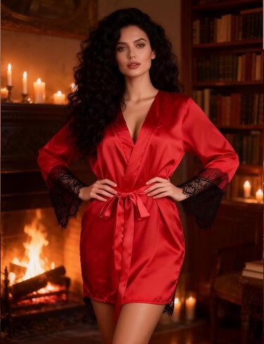 Women's Satin Kimono Robe Sexy Sheer Lingerie with Lace Trim Plus Size V-Neck Babydoll Valentine Nightwear Boudoir Sleepwear in Saudi Arabia