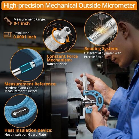 Neoteck 0-1" Outside Micrometer 0.0001" Resolution Carbide-Tipped Anvils Precision Mechanical Micrometer Anti-Glare Graduation Micrometer Set with Wrench and Case for Machining, Automotive, Inspection in Saudi Arabia