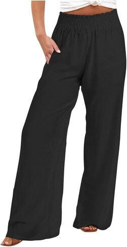 Wide Leg Linen Pants for Women Flowy Palazzo Elastic Waist Trousers with Pockets 2026 Summer Clothes in Kuwait