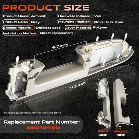 22818466 طقم إصلاح مسند الذراع الأمامي الأيسر للسائق متوافق مع 2010-2014 Chevy Silverado وGMC Sierra 1500 2500HD 3500HD، مصمم للوحة الباب مع مقبض تحرير أسفل مسند الذراع، رمادي in Kuwait