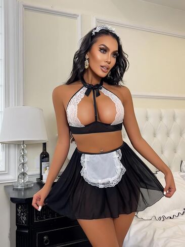 Sexy French Maid Costume, Lace Babydoll Dress with Apron and Headband, Women's S in Saudi Arabia