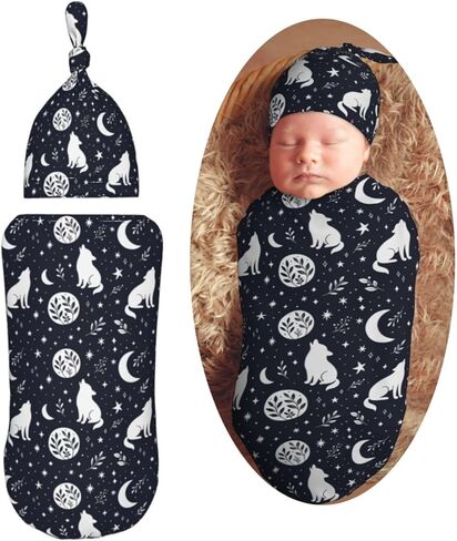 Boho Wolf Newborn Swaddle Blankets Hat Sets Soft Baby Receiving Blanket Swaddle Sack for Baby Shower Infant Boy Girl Gift in Kuwait