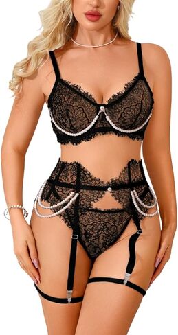 4PC Lace Lingerie Sets, Sexy Sheer Bra And Panty, Valentines Day, Pearl Boudoir Outfits Garter Belt Thigh Highs in Saudi Arabia