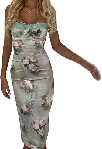 Women Sexy Bodycon Long Dress Low Cut Backless Floral Print Elegant Dresses Vintage Spaghetti Strap Maxi Dress in Kuwait
