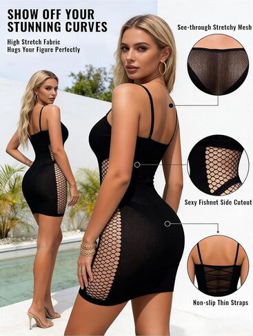 فستان قصير لانجيري شبكي للنساء، ملابس نوم بيبي دول شبكية شفافة مع أشرطة سباغيتي، غطاء ضيق قابل للتمدد للتاريخ الليلي، حفلات الملابس الداخلية، ملابس النادي، أسود in Kuwait