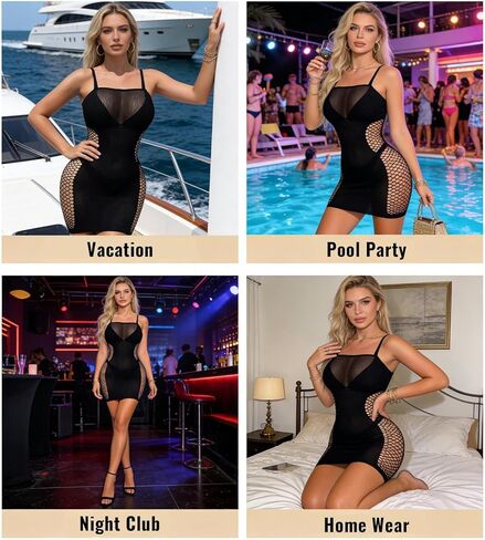 فستان قصير لانجيري شبكي للنساء، ملابس نوم بيبي دول شبكية شفافة مع أشرطة سباغيتي، غطاء ضيق قابل للتمدد للتاريخ الليلي، حفلات الملابس الداخلية، ملابس النادي، أسود in Kuwait