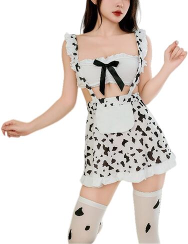 Sexy Stockings Mini Skirt Mesh Sheer Lace, Women's Cow Print Bodysuit Lingerie Anime Cosplay Costume Bikini Lolita Kawaii Bra and Panty Lingerie Set, Suitable for Weights 88-132 lbs in Saudi Arabia